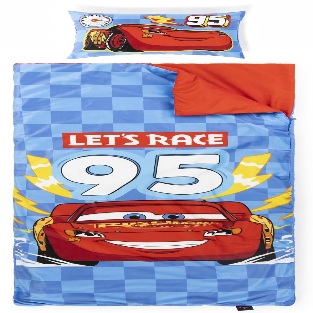 Jay Franco Kids Slumber Bag and Pillow - 54 x 27 Inch Comfy Indoor Sleeping Bag for School and Sleepovers, 2 Piece Set, Blue - Cars