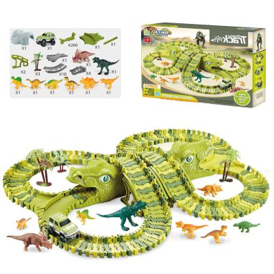 GLOTOYS Dinosaur Race Track Playset with Dinosaur Figures & Slot Car Race Tracks for Kids, DIY Puzzle Building Set, Dinosaur Winding Road Rail Car, for Boys & Girls (XC256B)