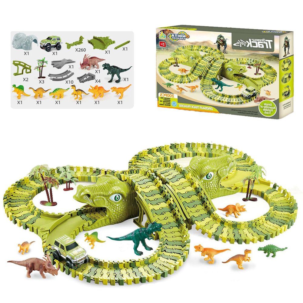 GLOTOYS Dinosaur Race Track Playset with Dinosaur Figures & Slot Car Race Tracks for Kids, DIY Puzzle Building Set, Dinosaur Winding Road Rail Car, for Boys & Girls (XC256B)
