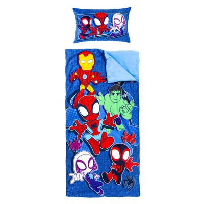Jay Franco Kids Slumber Bag and Pillow - 54 x 27 Inch Comfy Indoor Sleeping Bag for School and Sleepovers, 2 Piece Set, Blue - Spidey & His Amazing Friends