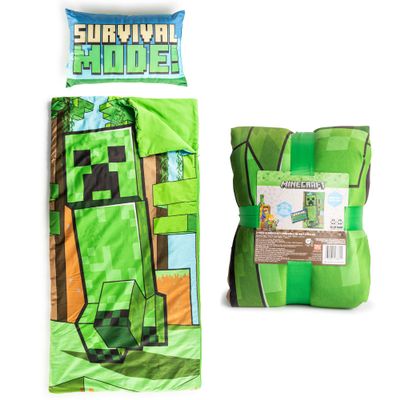 Jay Franco Kids Slumber Bag and Pillow - 54 x 27 Inch Comfy Indoor Sleeping Bag for School and Sleepovers, 2 Piece Set, Green - Minecraft