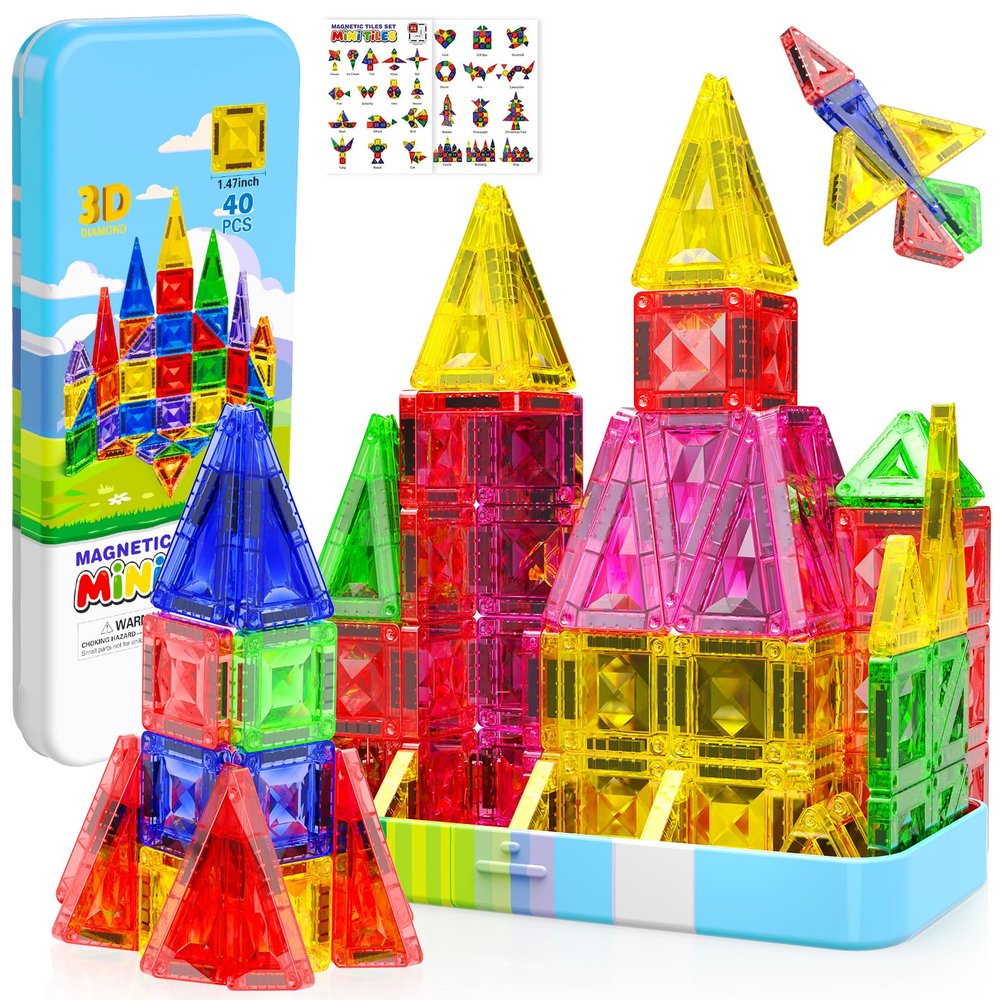 Mini Diamond Texture Magnetic Tiles with Iron Box, 40 PCS Travel Magnetic Tiles, STEM Educational Building Set Construction Toys for Kids Ages 3+, Portable Building Toys for Toddlers, Boys & Girls
