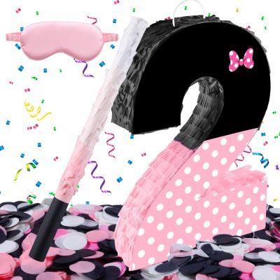 15.7 x 11.5 x 3 Inch Pink Bow Number 2 Pinata,Pink Bow Birthday Decorations, Fillable Hanging Piata with Stick Blindfold Confetti for Girls Boys 2nd Anniversary Party Decorations