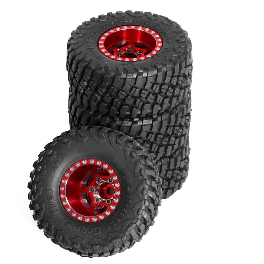 MIXVZARF Rc Car Tyre Tire Wheels for TRX4M for SCX24 for FMS for FCX18 for FCX24 Furitek FX118 1/18 4pcs for Climbing Car Aluminum Alloy Hub Wasteland Wheel Tires RC Car(Red)