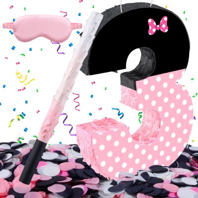 15.7 x 11.5 x 3 Inch Pink Bow Number 3 Pinata,Pink Bow Birthday Decorations, Fillable Hanging Piata with Stick Blindfold Confetti for Girls Boys 3rd Anniversary Party Decorations