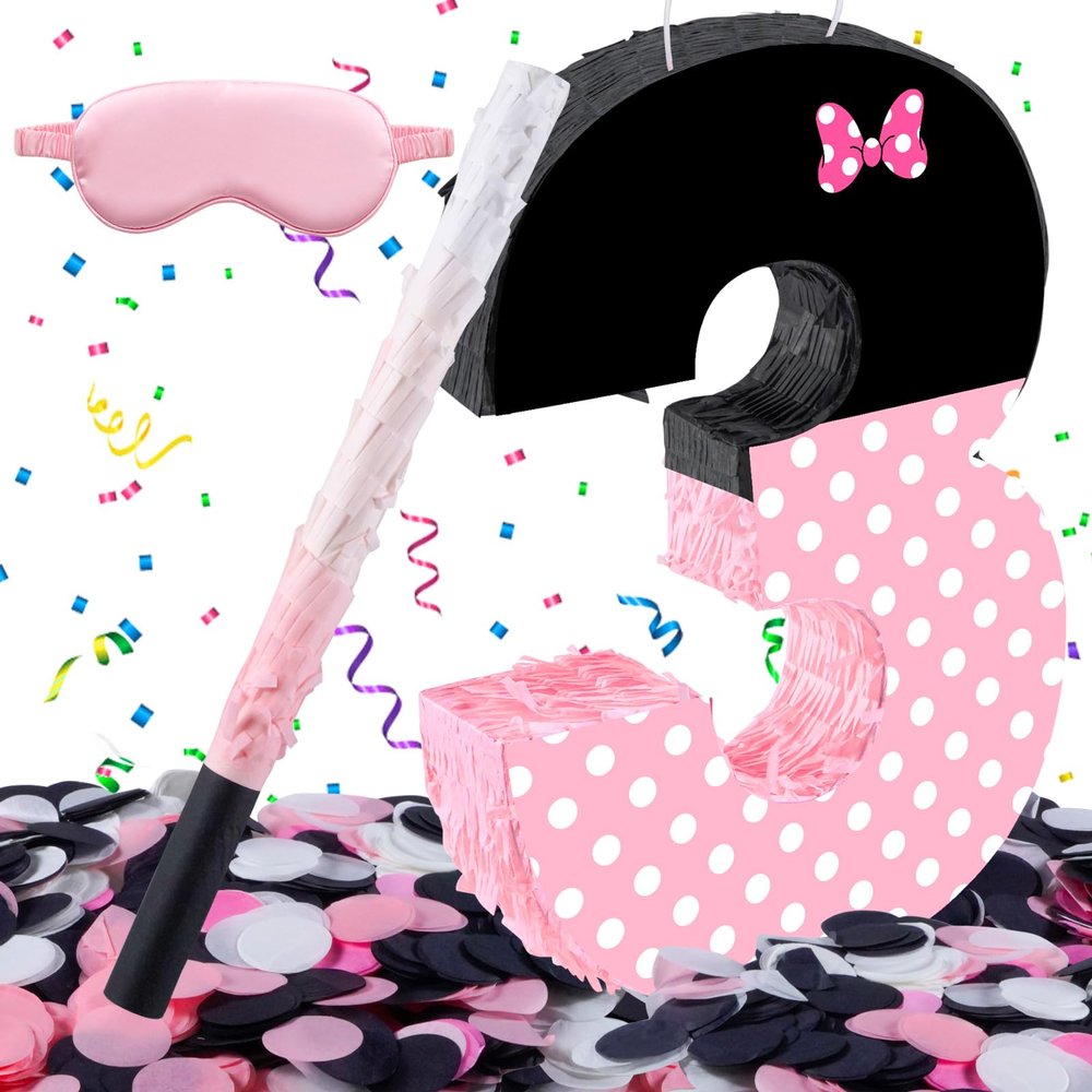 15.7 x 11.5 x 3 Inch Pink Bow Number 3 Pinata,Pink Bow Birthday Decorations, Fillable Hanging Piata with Stick Blindfold Confetti for Girls Boys 3rd Anniversary Party Decorations