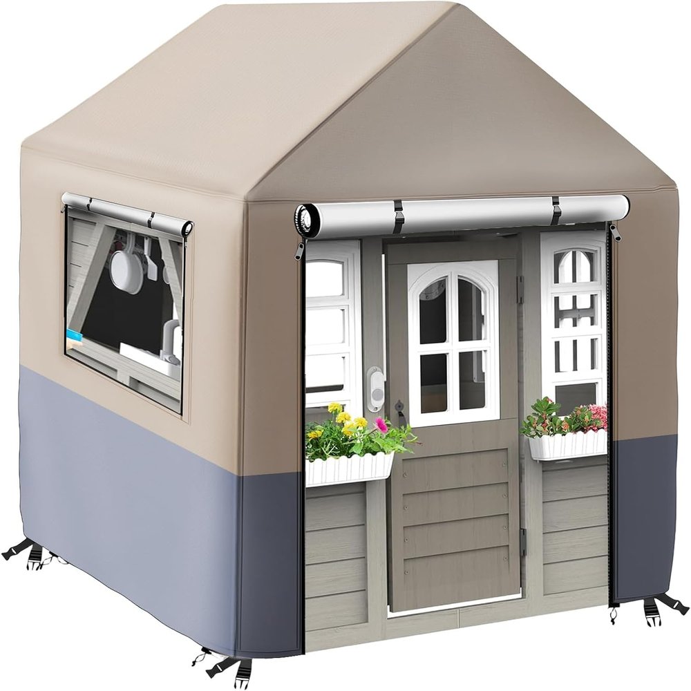 Playhouse Cover Waterproof for Backyard Wooden House 57" L x 57" W x 63" H  Heavy Duty Kids Outdoor Playhouse Protector with YKK Zippers, Roll-Up Door, Windproof Drawstring & Buckles