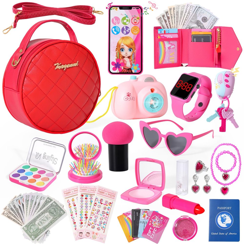 Kagenmi Play Purse for Little Girls, 39Pcs Toddler Purse with Makeup for Girls Age 3 4 5 6+, Pretend Princess Toys Includes Phone, Watch, Camera,Wallet, Kids Toy Purse Christmas Birthday Gift (Red)