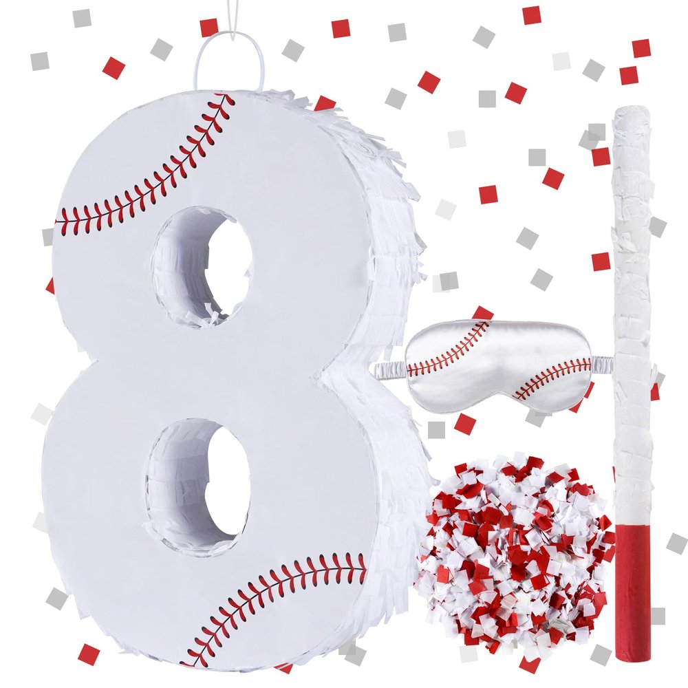 Baseball Birthday Decorations, Baseball Number 8 Piata with Blindfold Stick Blindfold Confetti for Baseball Pinata Sports Theme 8th Birthday Party Supplies (8TH)