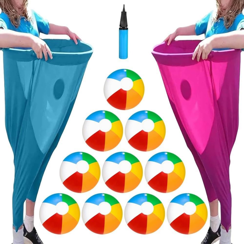LZTET Granny Pants Outdoor Yard Game Set,Funny Giant Stretchy Pants,Freaky Sets with 5 Bouncy Balls Pump,The Ultimate Party of Family Reunion Outside Backyard Field Day Sack Race Bags(Pink+Blue)