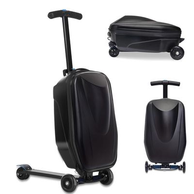 20" Scooter Suitcase for Kids & Adults, Hardshell Kids Ride On Suitcase for Kid Ages 4-15, Foldable Carry On Luggage with Wheels, Multifunctional Lightweight Travel Luggage for Airplane,Black