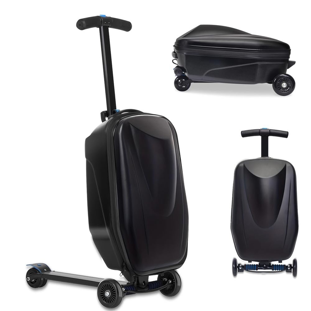20" Scooter Suitcase for Kids & Adults, Hardshell Kids Ride On Suitcase for Kid Ages 4-15, Foldable Carry On Luggage with Wheels, Multifunctional Lightweight Travel Luggage for Airplane,Black