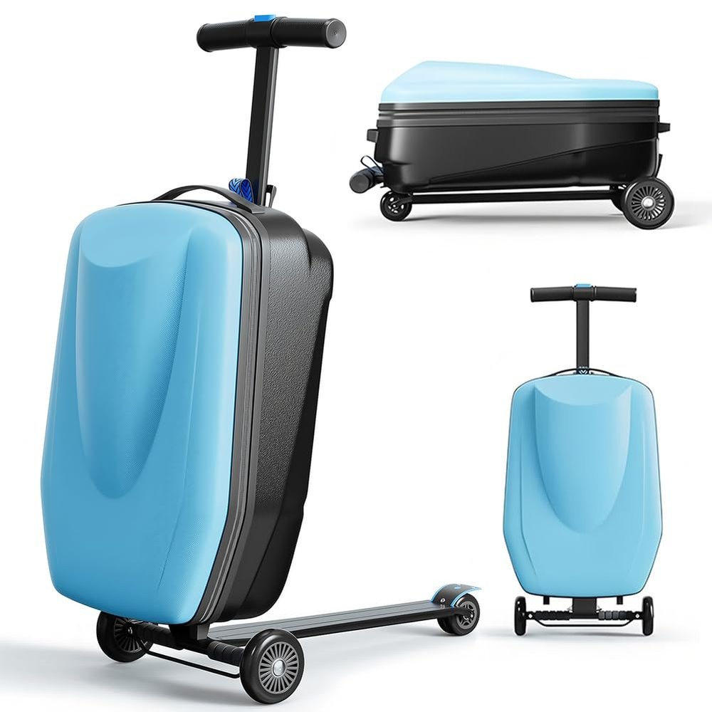 20" Scooter Suitcase for Kids & Adults, Hardshell Kids Ride On Suitcase for Kid Ages 4-15, Foldable Carry On Luggage with Wheels, Multifunctional Lightweight Travel Luggage for Airplane,Sky Blue