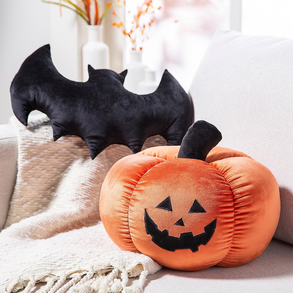 10" Halloween Fuzzy Polyester Jack-O-Lantern & Bat Pillows Set - 2 Piece