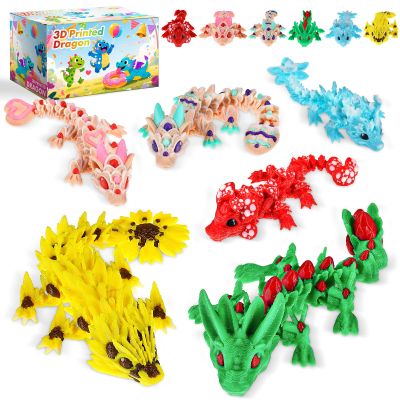 6 Pcs Multicolor 3D Printed Dragon,3D Printed Cherry Blossom Dragon ,Cookie Heart Dragon ,3D Printed Flexible Articulated Dragon Fidget Toys for Home Office Desk Decor,Basket Essentials Stuffers