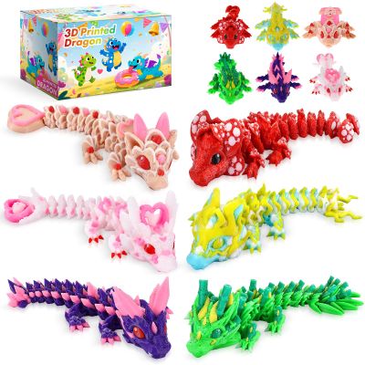 6 Pcs Multicolor 3D Printed Dragon,3D Printed Cherry Blossom Dragon ,Heart Cookie Dragons,3D Printed Flexible Articulated Dragon Fidget Toys for Home Office Desk Decor,Basket Essentials Stuffers