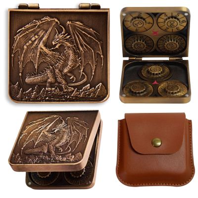 DND Pocket Flip Dice Set, D4 D6 D8 D10 D12 D20 D% 7 in 1Delicate Iron Box with Dragon Carvings,Foldable Spinner DND Dice with Leather Gift Bag for D&D,Sci-fi, War Theme Board Games-Vintage Gold