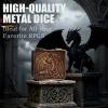 DND Pocket Flip Dice Set, D4 D6 D8 D10 D12 D20 D% 7 in 1Delicate Iron Box with Dragon Carvings,Foldable Spinner DND Dice with Leather Gift Bag for D&D,Sci-fi, War Theme Board Games-Vintage Gold view 2