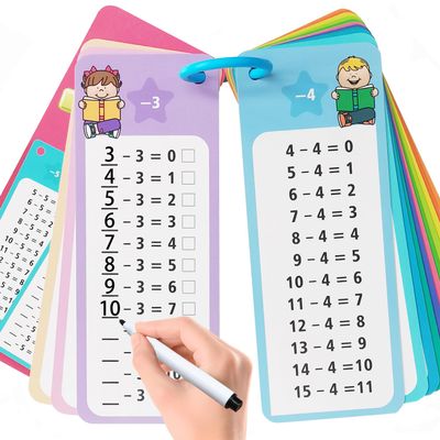 1-12 Subtraction Flash Cards, Large Math Table Flashcards Chart, with 15 Cards, 2 Dry Erase Markers, 1 Rings, Educational Subtraction Game for Kids, 1st, 2nd, 3rd Grades Classroom Home