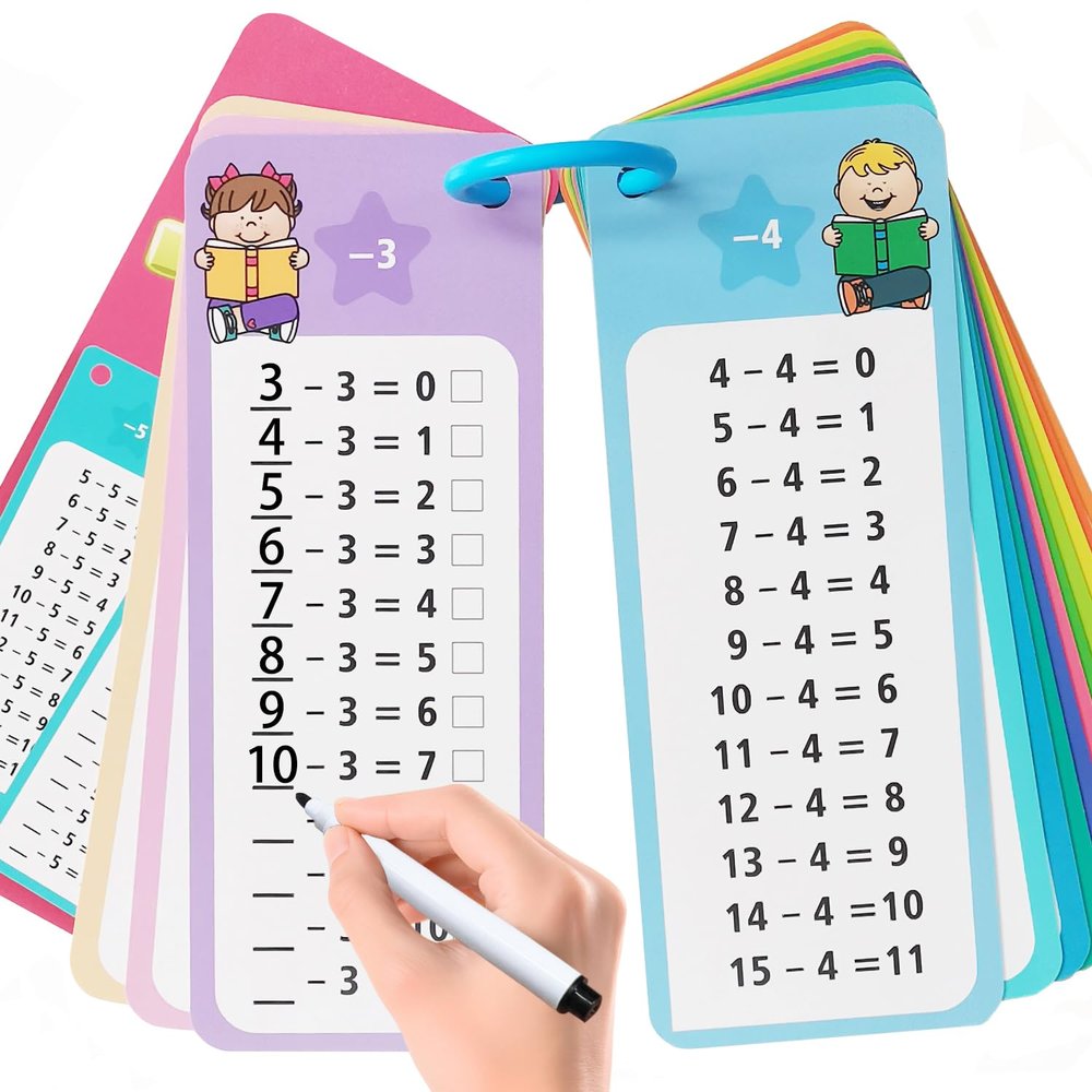 1-12 Subtraction Flash Cards, Large Math Table Flashcards Chart, with 15 Cards, 2 Dry Erase Markers, 1 Rings, Educational Subtraction Game for Kids, 1st, 2nd, 3rd Grades Classroom Home
