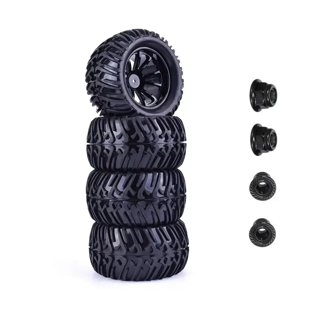 4pcs 125mm Rubber Tires and Wheel Rims with 12mm Hex and 4mm Lock Nuts Compatible with TRX Himoto RC Vehicles(DLT005-1)