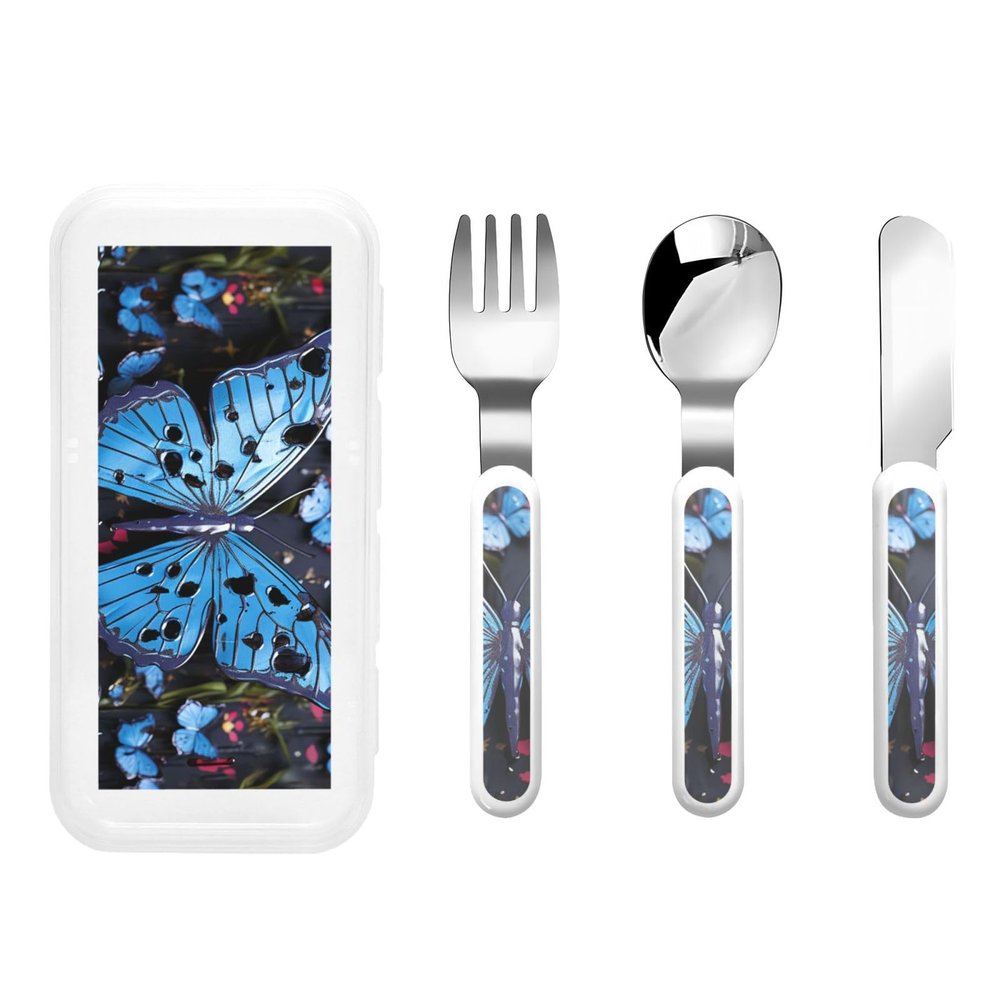 3-Piece Children Utensils Set Blue butterfly Knife Spoon Fork Set Stainless Steel Silverware Set Easy-Grip Reusable Utensils Set Child Flatware Set with Case for Lunch Travel