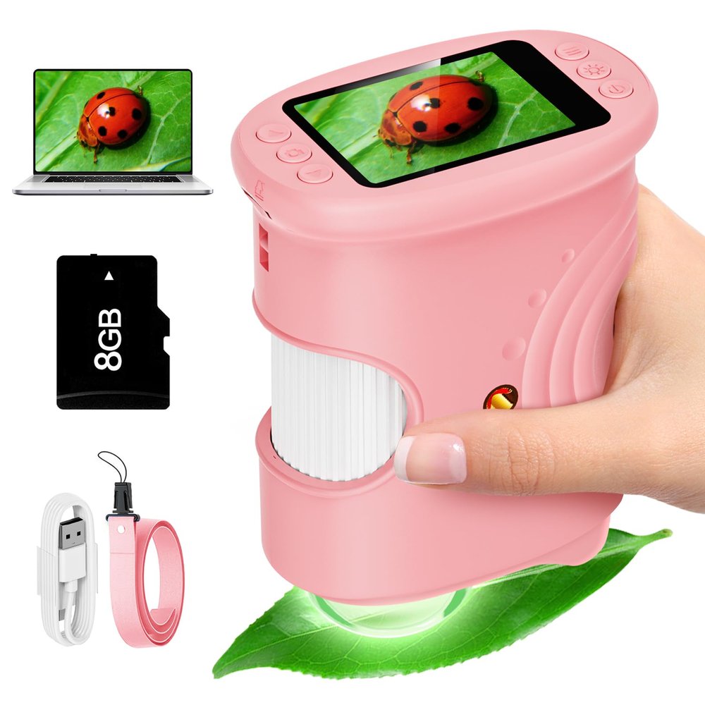 Alotwan Kids Microscope Digital 1000X Zoom, Mini Pocket Handheld Microscope Portable Travel Toys, HD Photo & Video with 8GB SD Card, Christmas Birthday Gifts for Girls, STEM Toys for Toddlers Age 3-8