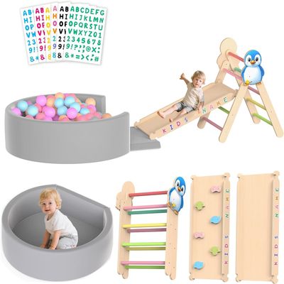Acenova Pikler Triangle Climbing Set with Cushion and DIY Name Stickers, Montessori Wooden Climbing Gym for Toddlers, Indoor Jungle Gym, Dinosaur Pikler Triangle Arch Ramp Climber Toy
