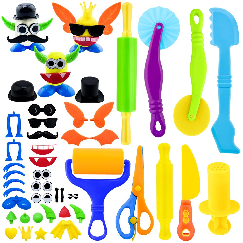 Dough Tools Play Set for Kids,46 pcs Basic Dough Play Toys Includes Cutters, Roller, Rolling Pins, Safety Scissors, Plastic Knife, Character Accessories