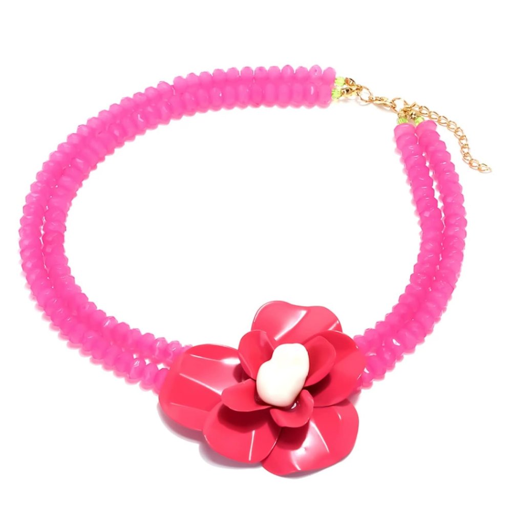 ZYIBPMSJKQCFK Bohemian Beaded Hand Woven Resin Floral Necklace For Women,Rose Red,40+7cm
