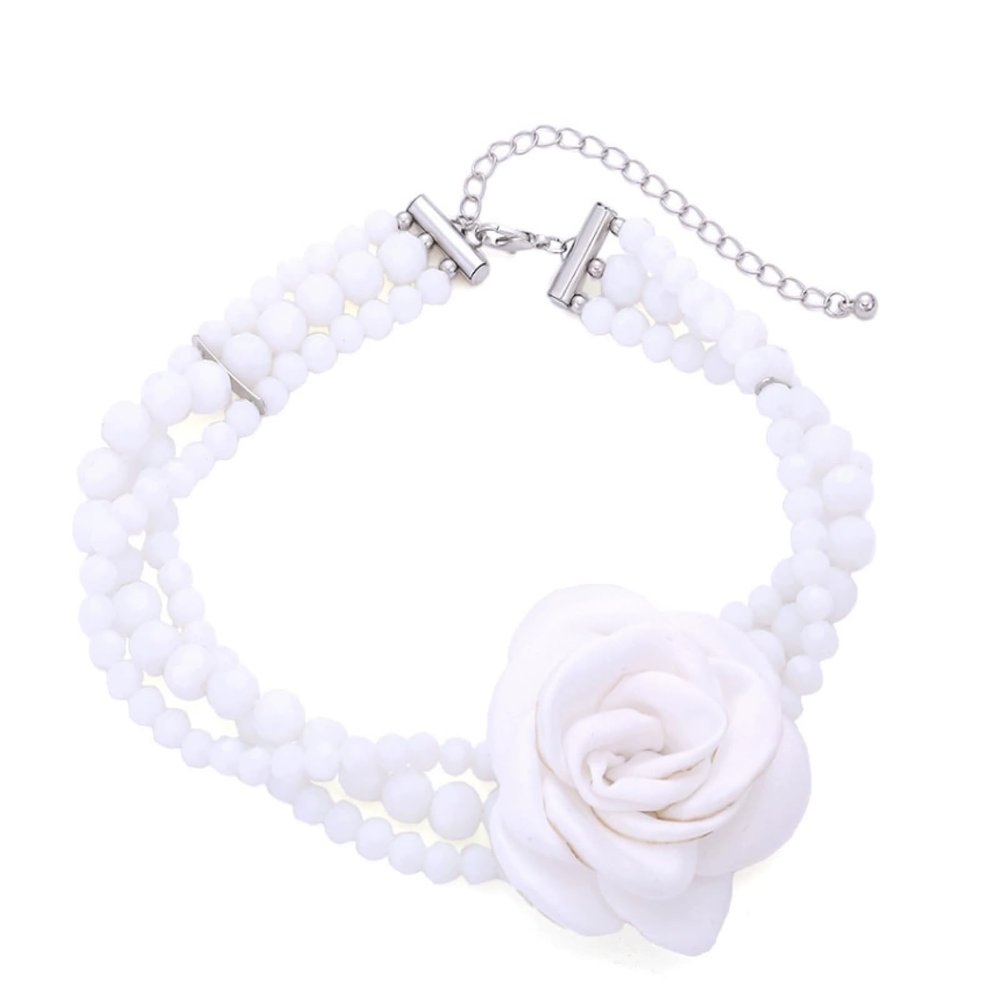 ZYIBPMSJKQCFK Handmade Beaded Rose Vintage Bohemian Flower Necklace For Women,white,31+9cm