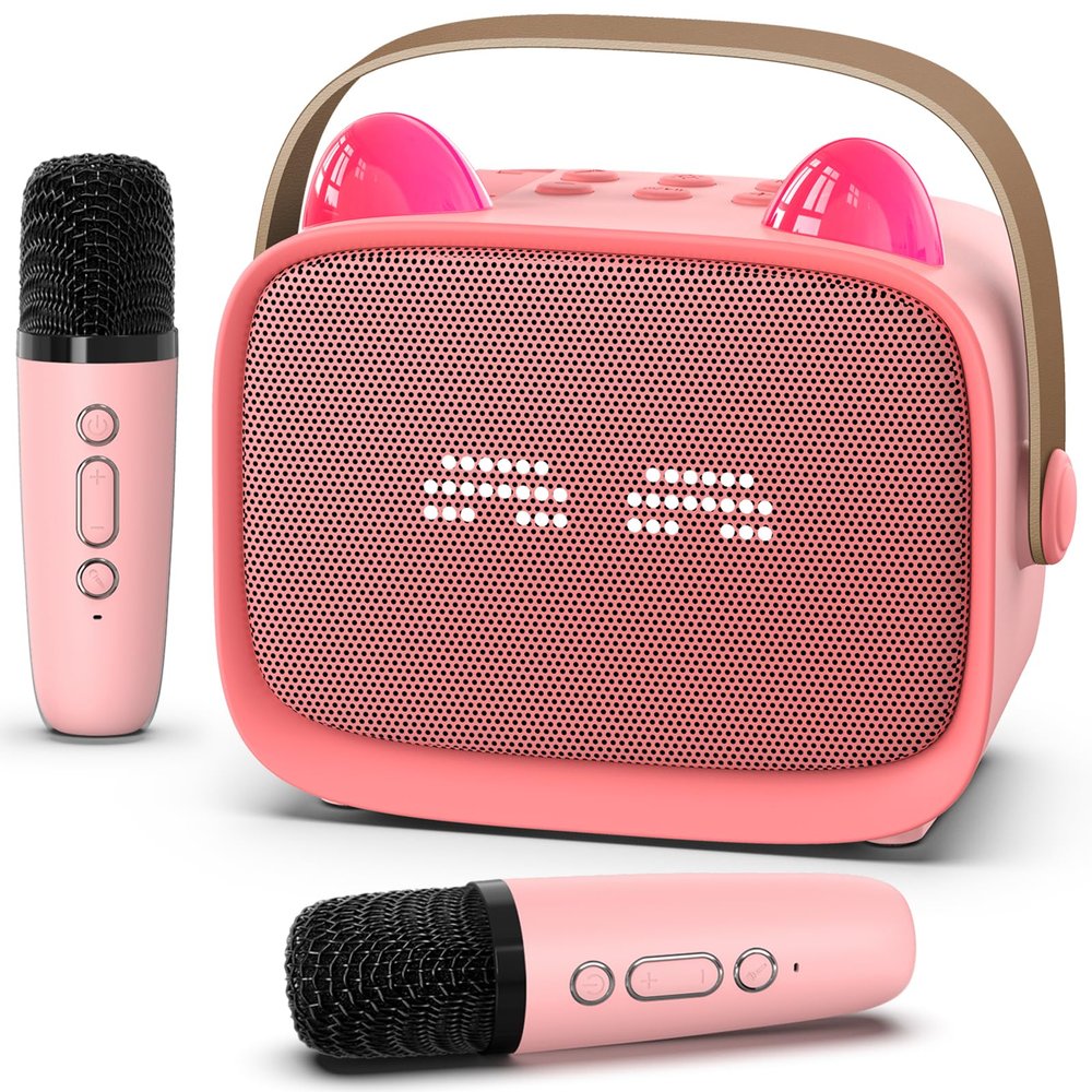 Mini Karaoke Machine Toys Gifts,Kids Portable MP3 Player with 2 Wireless Microphone and LED,Christmas Birthday Gifts for Girls Boys 3 4 5 6 7 8+ Year Old (Pink)