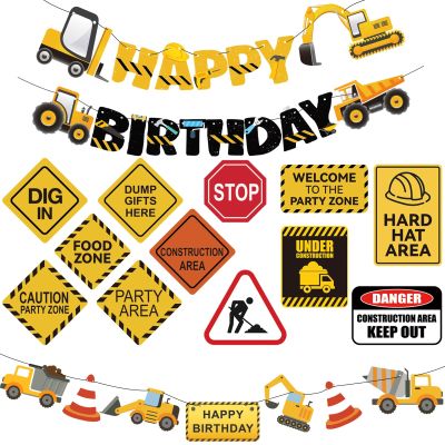 14 Packs Construction Happy Birthday Banner Vehicle Truck Garlands and Truck Cutouts Traffic Road Signs Birthday Party Decorations for Kids Boy Baby Shower Decorations (Construction)