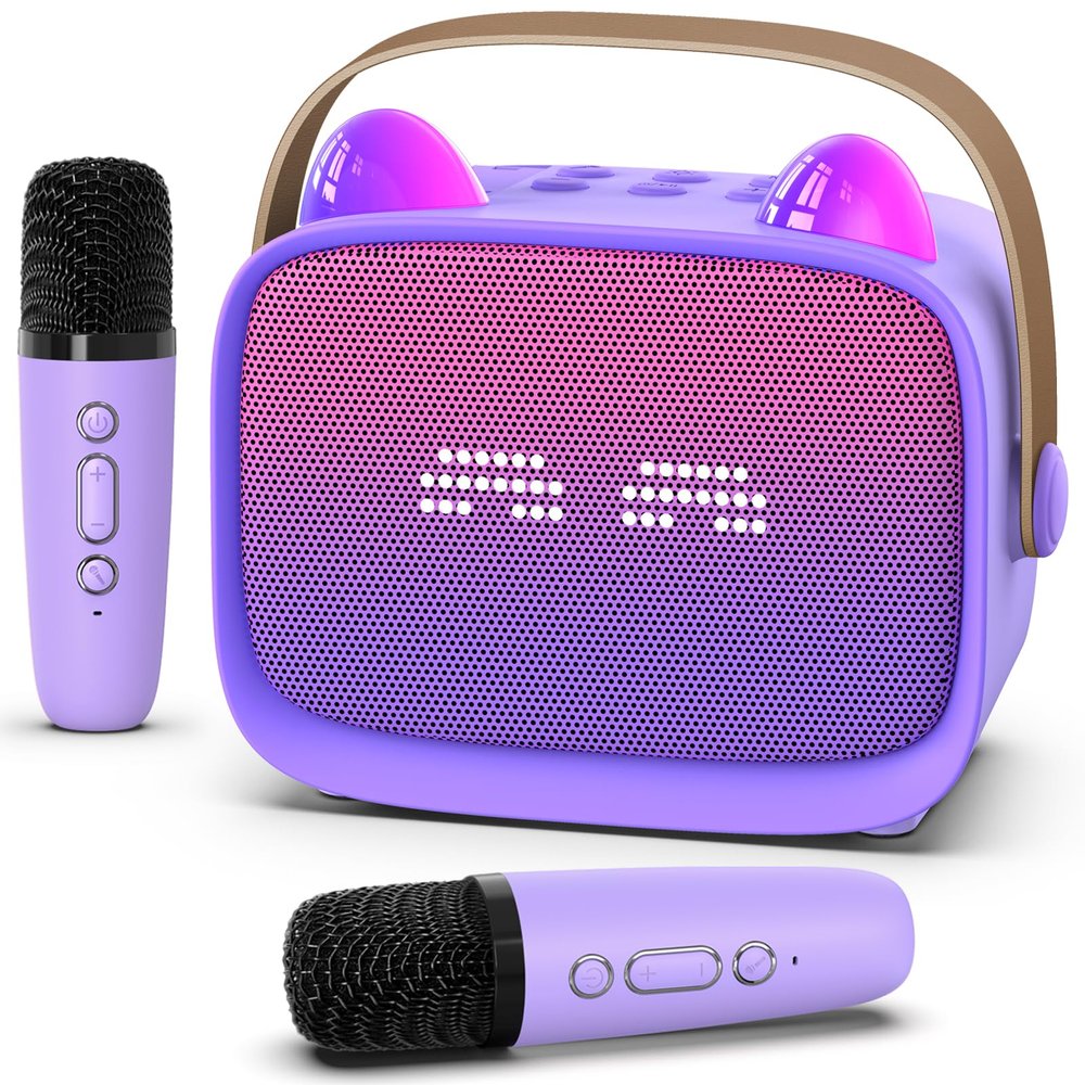 Mini Karaoke Machine Toys Gifts,Kids Portable MP3 Player with 2 Wireless Microphone and LED,Christmas Birthday Gifts for Girls Boys 3 4 5 6 7 8+ Year Old (Purple)