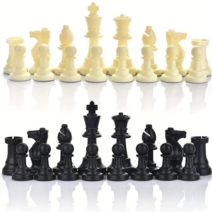 32 Plastic Chess Pieces Set - Black & White Chessmen for 15-20 Inch Boards, Felt Bottom, with Drawstring Storage Bag - Ideal for Beginners & Chess Enthusiasts-No Board Included (2.95inch/7.5cm)