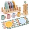 HAPGFS Wooden Play Kitchen Accessories Set with Detachable Dish Rack and Utensil Holder - Complete Set for Toddlers 3-5, Includes Plates and Cups, Colorful Cutlery for Pretend Play, Ideal Gift view 1