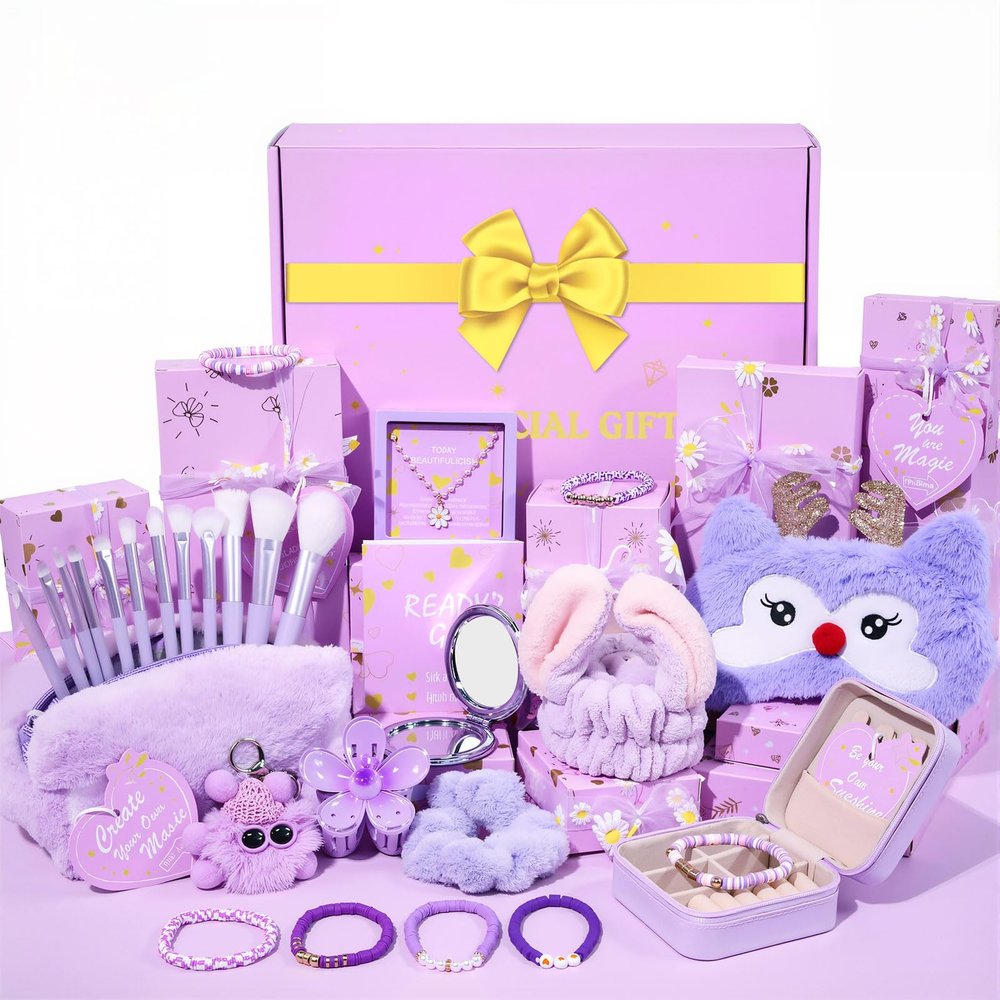Teen Girl Gifts Trendy Stuff, Christmas Gifts for Tween & Teen Girls - 9 Wrapped Birthday Gifts 11 PCS, with Inspiring Tasks & Makeup Bag, Optimized Empowering Bow Gift Sets for Daughter Niece Sister