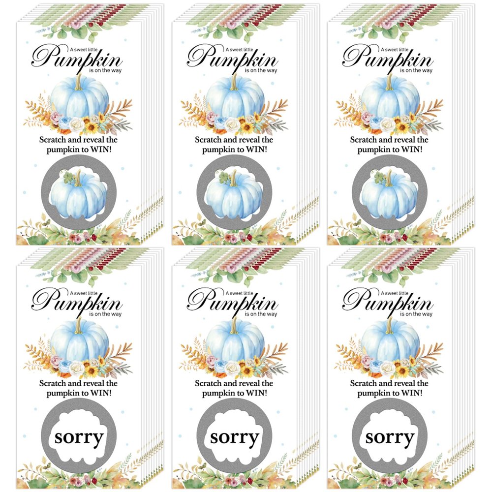 60 Pieces Blue Little Pumpkin Baby Shower Scratch Off Cards Stickers Thanksgiving Day Games Fall Harvest Party Gift for Festive Raffle Tickets 3.5 x 2 inch Baby Shower Scratch Off Game Boy Supplies