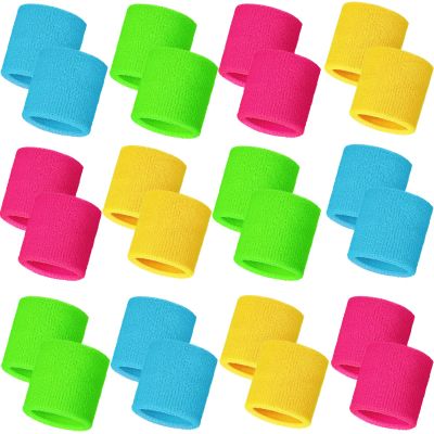 Bememo 24 Pcs Neon Wristbands for Kids End of The Year Student Gifts Bulk Tennis Wrist Sweatbands 80s Neon Youth Basketball Wrist Bands for Boys Girls 90s Party School Supplies (Classic Colors)