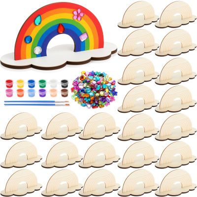 Blueweenly 24 Sets Rainbow Painting Craft for Kids Party Favors, Art Wooden Painting Sets for Party Favors Brush Kit Return Gifts, Birthday Supplies Class Make Your Own Craft Kits