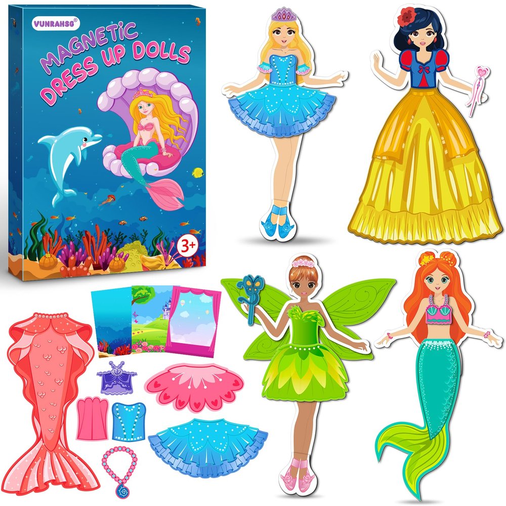 Magnetic Dress Up Dolls Girls Toys Princess Mermaid Fairy Ballerina Fridge Magnets Puzzles Toddlers 3-5 Pretend Play Car Road Trip Airplane Travel Games Activity Birthday Gift 3 4 5 6 7 8 Gilr Boy
