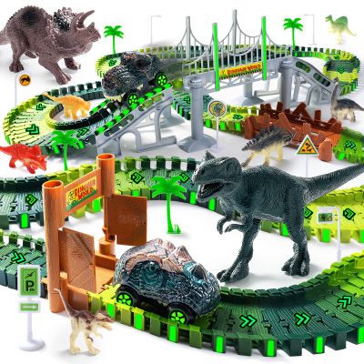 268 PCS Race Tracks Dinosaur Toys for Kids 3-5, Glow in The Dark Magic Toy Set, 2 Dinosaur Cars Track, Flexible DIY Track Set, Birthday Gift for Age 3-9 Boys Toddler Girls