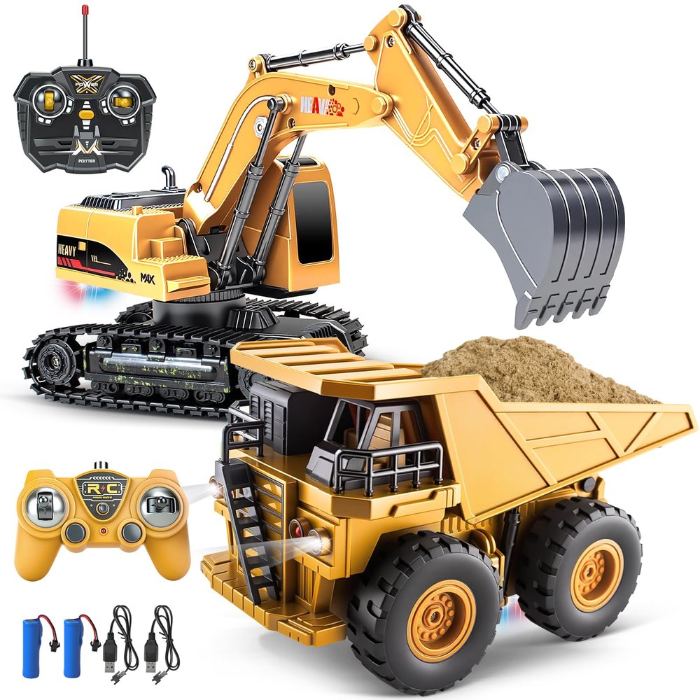 2 Pack Rc Construction Vehicles, Remote Control Excavator & Dump Truck Set