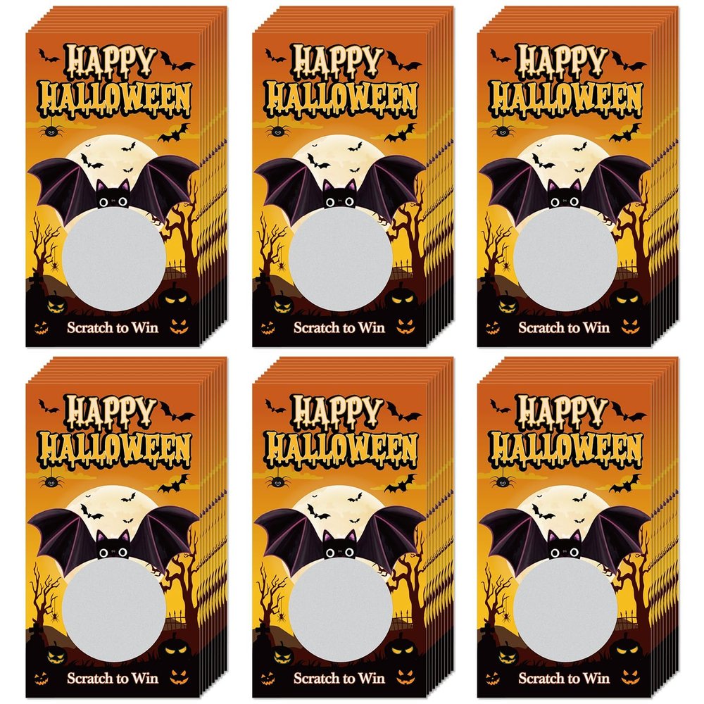 60 Pieces Halloween Scratch Off Cards Stickers Happy Halloween Party Game Funny Bat DIY Blank Gift Certificate for Festive Raffle Ticket 3.5 x 2 inch Holiday Classroom Family Activities Games Supplies