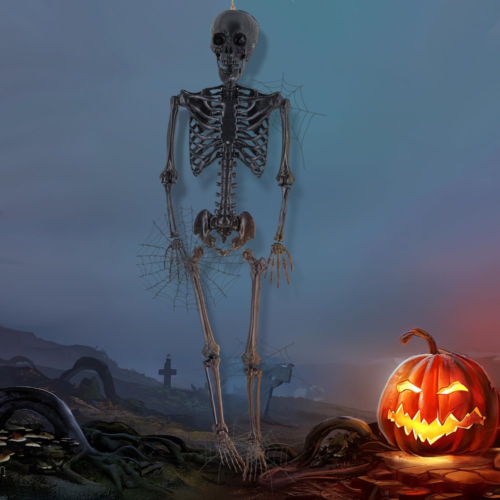 5.4FT Halloween Skeletons, Life Size Skeleton Posable Full Body Human Bones with Moveable Joints & Hanging Hole, Plastic Life Size Human Skeletons for Party Haunted House Halloween Dcor Black