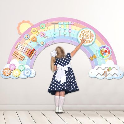 5FT Large Pastel Rainbow Wooden Activity Wall Panel for Toddler Educational Montessori Toy for Kids Interactive Sensory Toys Sensory Activity Busy Board Daycare Learning Center Toddler Room Decor