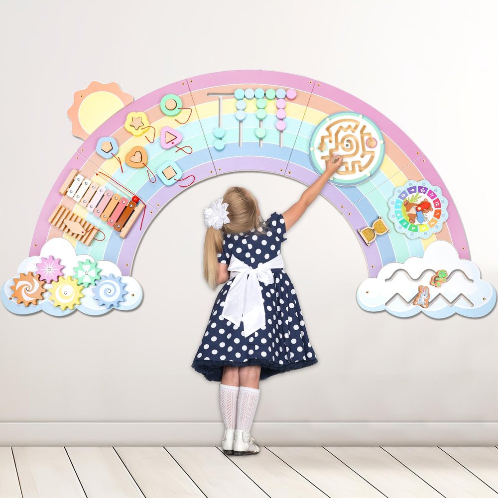 5FT Large Pastel Rainbow Wooden Activity Wall Panel for Toddler Educational Montessori Toy for Kids Interactive Sensory Toys Sensory Activity Busy Board Daycare Learning Center Toddler Room Decor