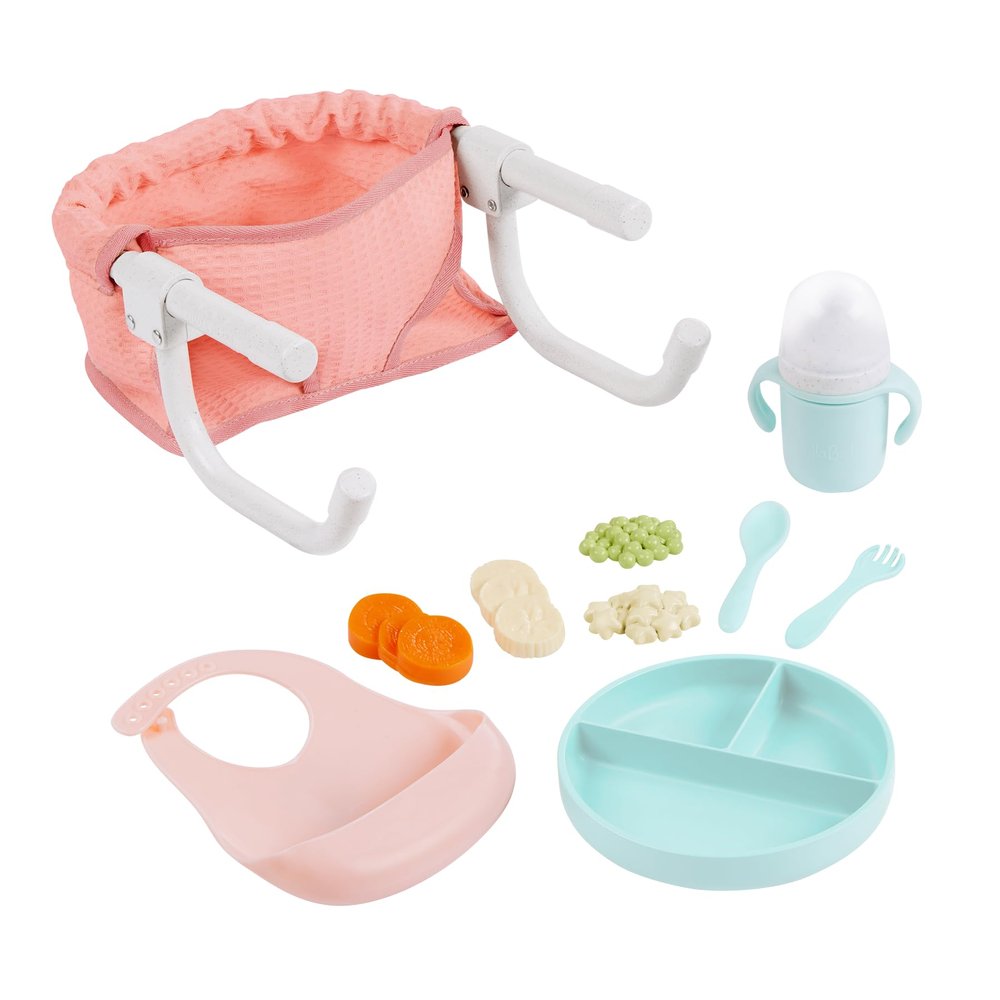 LullaBaby - Doll Clip On Table Seat - 14-inch Baby Doll Accessories - Bib & Pretend Food - Imaginative Play - Toy for Kids 2 Years +