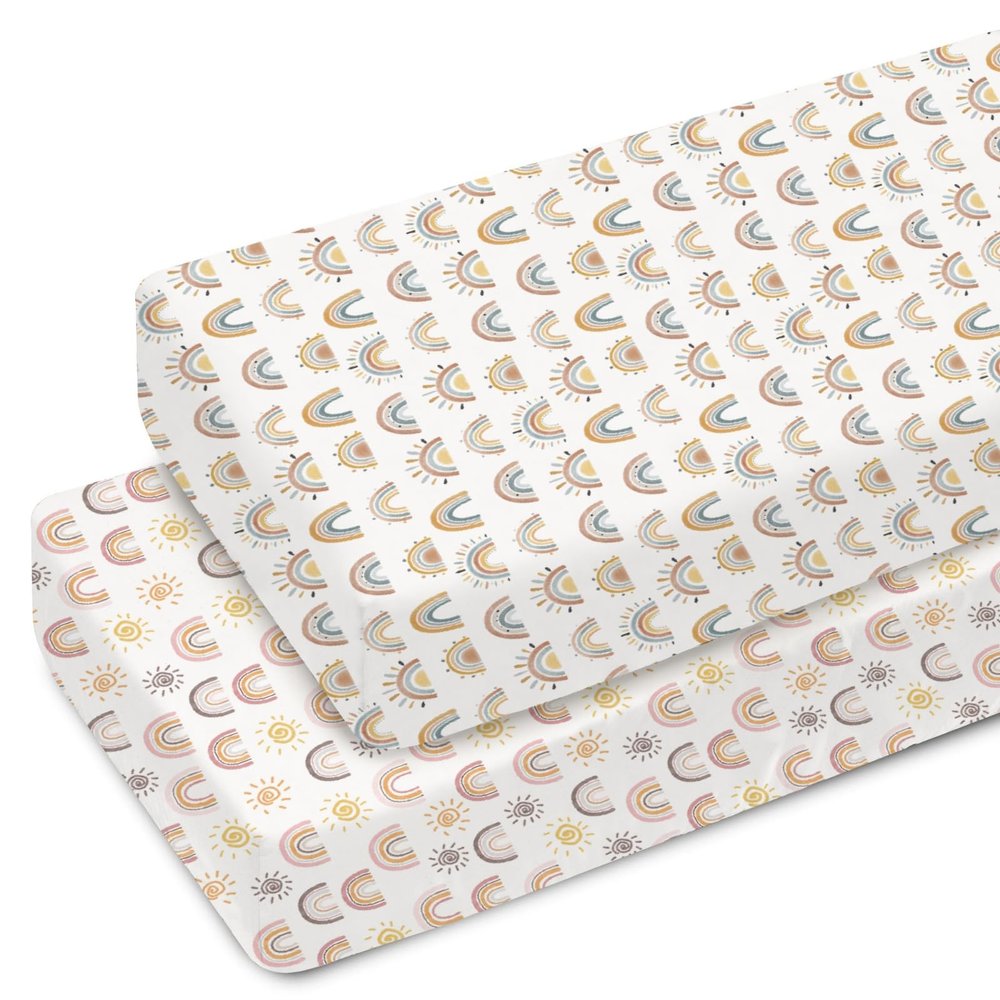 Boho Sun Rainbow Baby Crib Sheets for Boy Girl 52x28Inch Colorful Rainbows Sunshine Soft Snug Fitted Crib Mattress Cover Rainbow Lovers Gift Nursery Baby Sheet for Crib & Toddler Bed Mattress 2 Pack