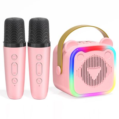 Mini Karaoke Machine for Kids,Portable Bluetooth Speaker with 2 Microphones,Music Player for Singing and Party,Ideas Birthday Toys Gifts for Girls Boys 3,4,5,6,7,8,9,10,11,12+ Years Old (Pink)